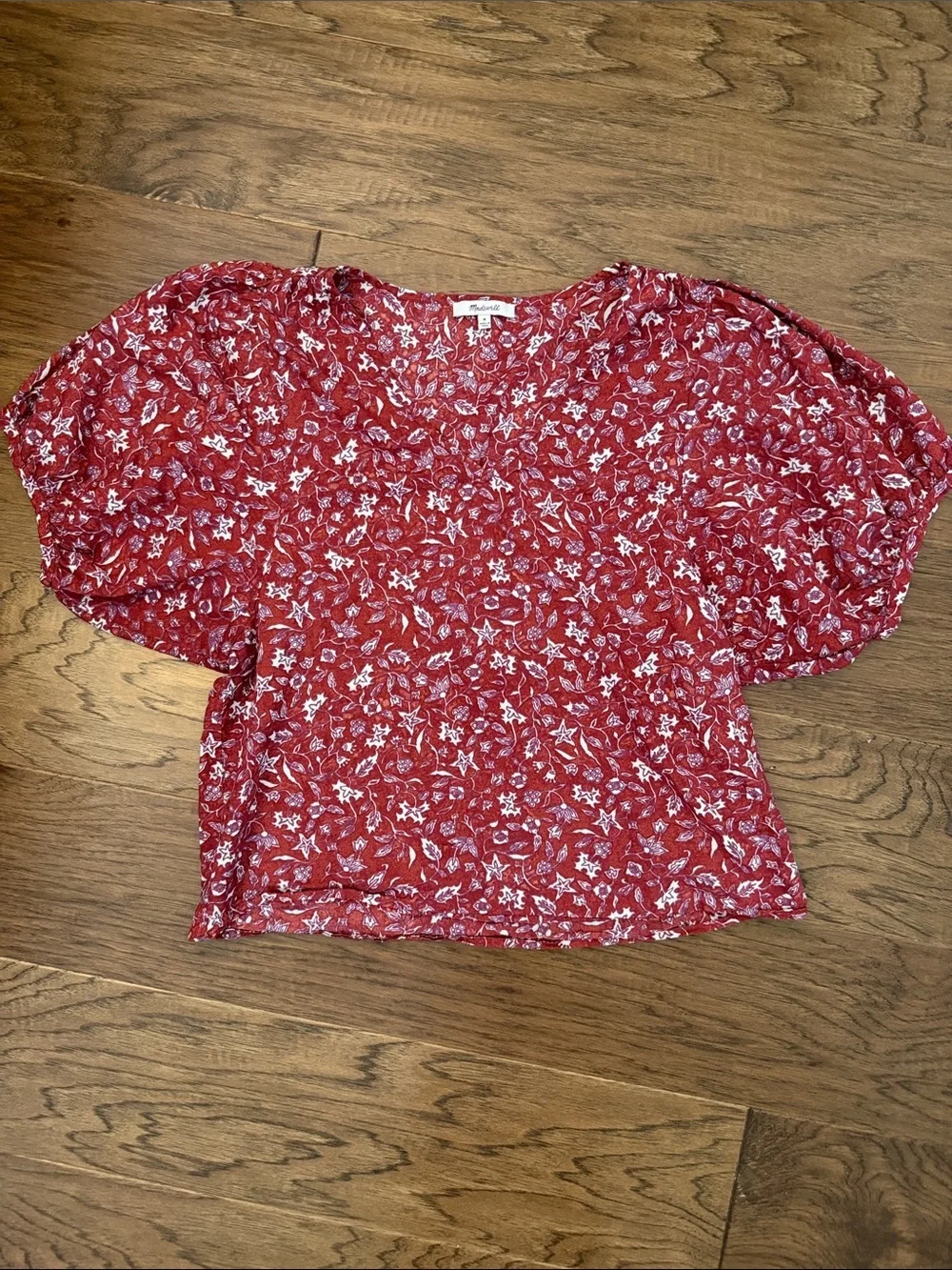 Madewell Baltik Wine Weathered Brick Floral V Neck Puff-Sleeve Top M